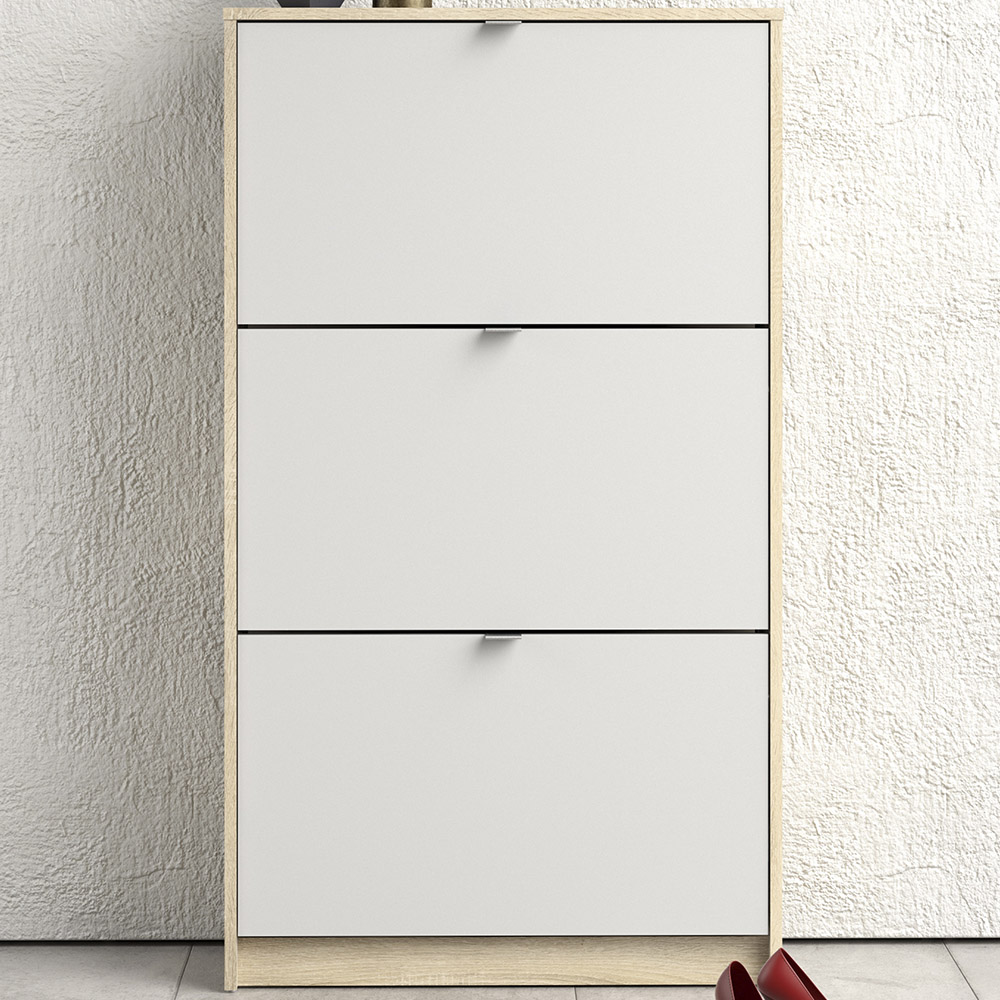 Florence Shoes 3 Flip Door Oak and White Double Layer Shoe Storage Cabinet