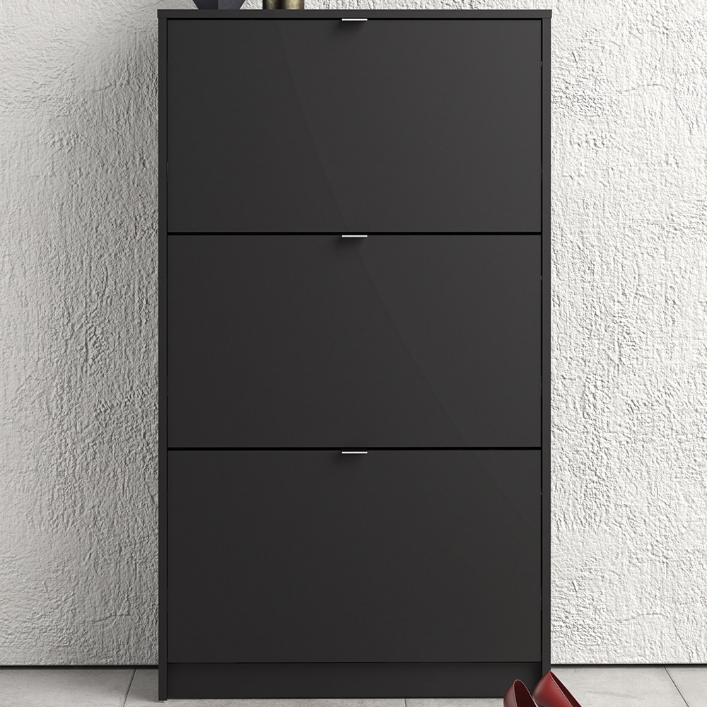 Florence Shoes 3 Flip Door Matt Black Double Layer Shoe Storage Cabinet