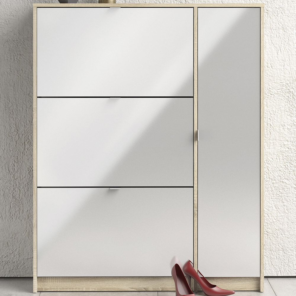 Florence Shoes 4 Door Double Layer Oak and White Shoe Storage Cabinet