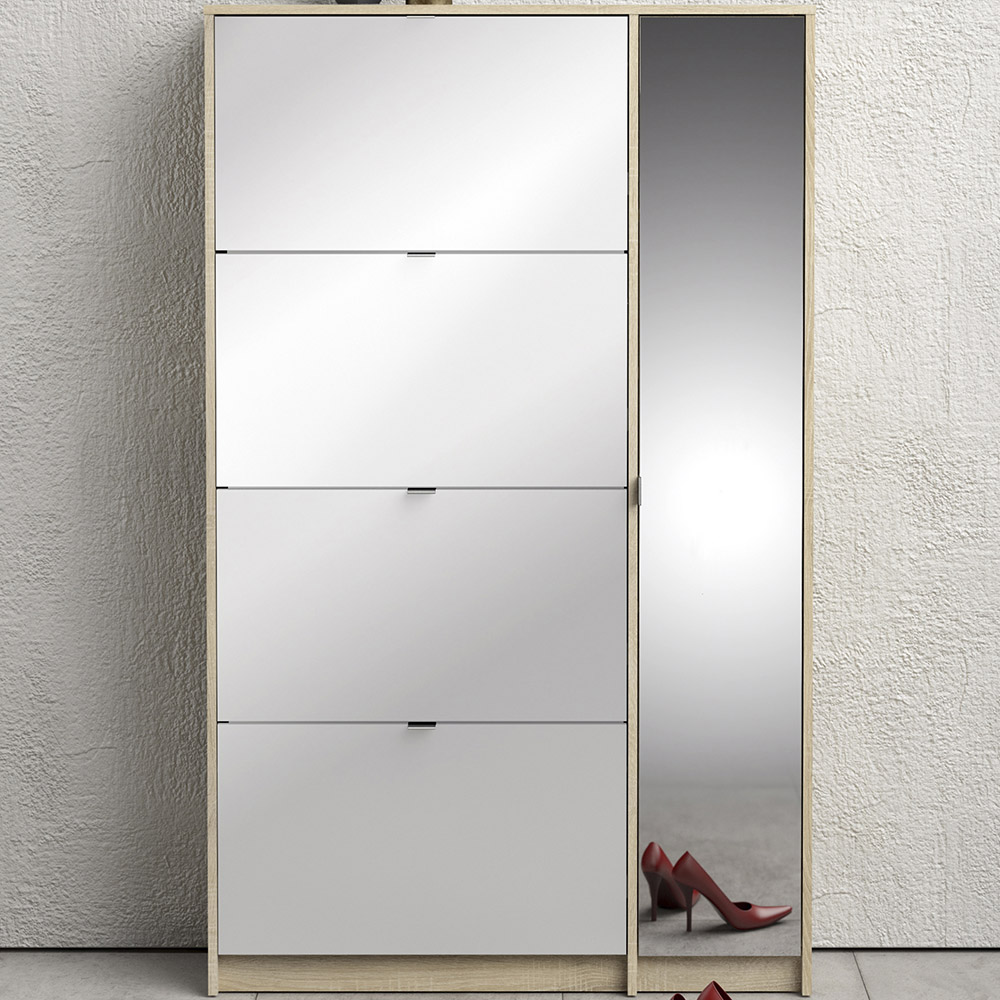 Florence Shoes 5 Flip Door Double Layer Oak and White Mirrored Shoe Storage Cabinet