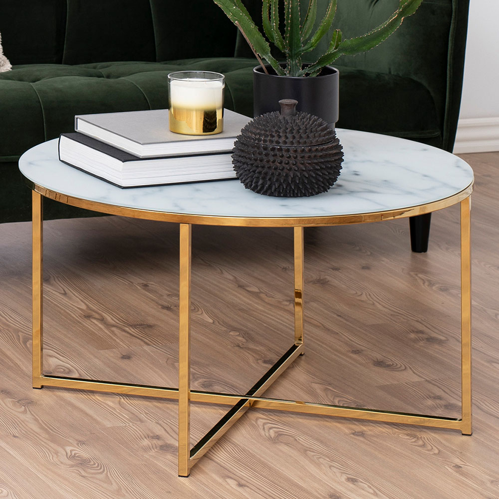 Furniture To Go White Florence Alisma Marble Effect And Gold Round Coffee Table