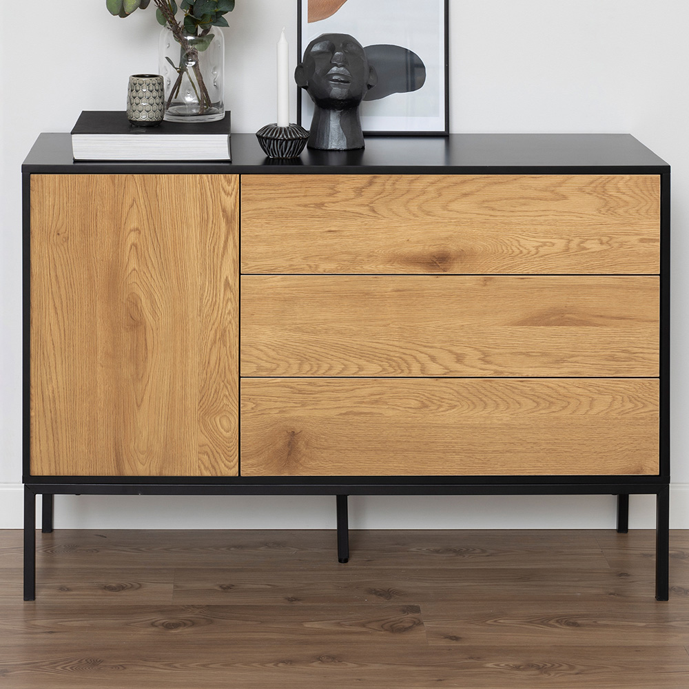 Florence Seaford Single Door 3 Drawer Black and Oak Small Sideboard
