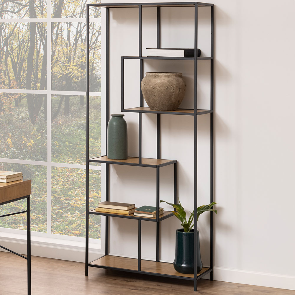Furniture To Go Florence Seaford Oak And Metal Bookcase - Black 5 Shelf