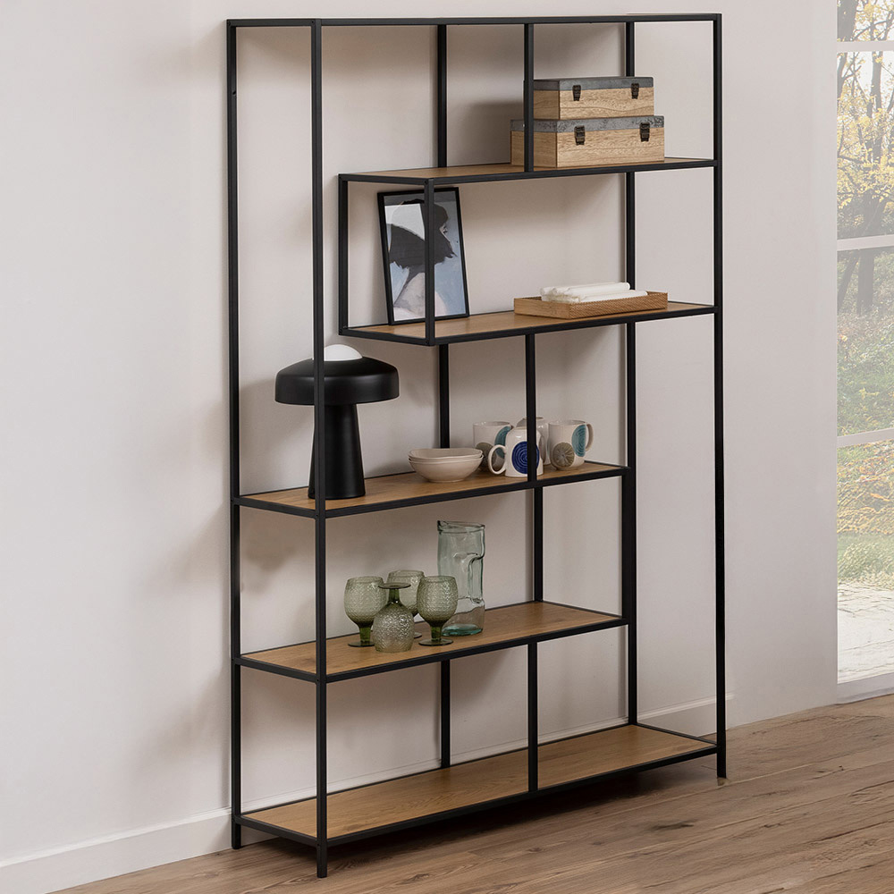 Furniture To Go Florence Seaford Oak And Metal Bookcase - Black 5 Shelf