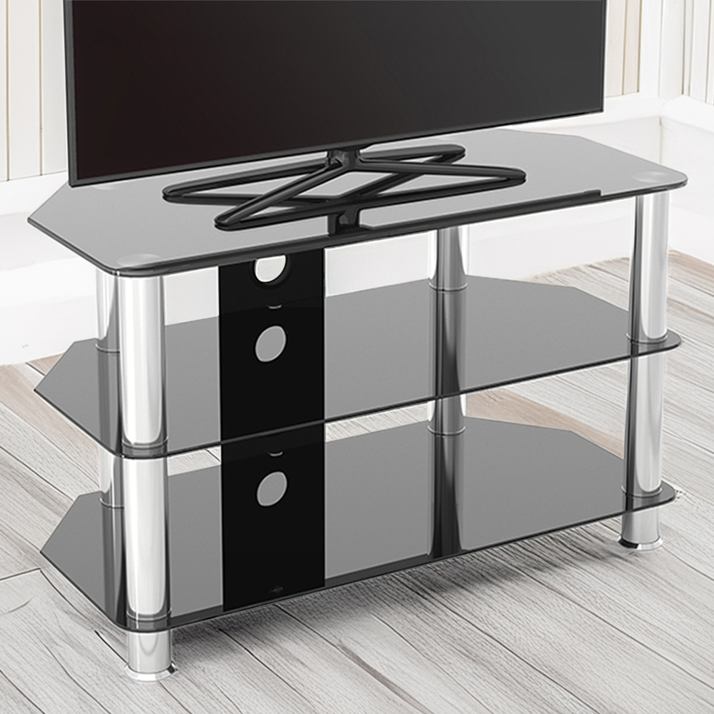 AVF Classic 2 Shelf Black and Chrome Glass Corner TV Unit with Cable Management