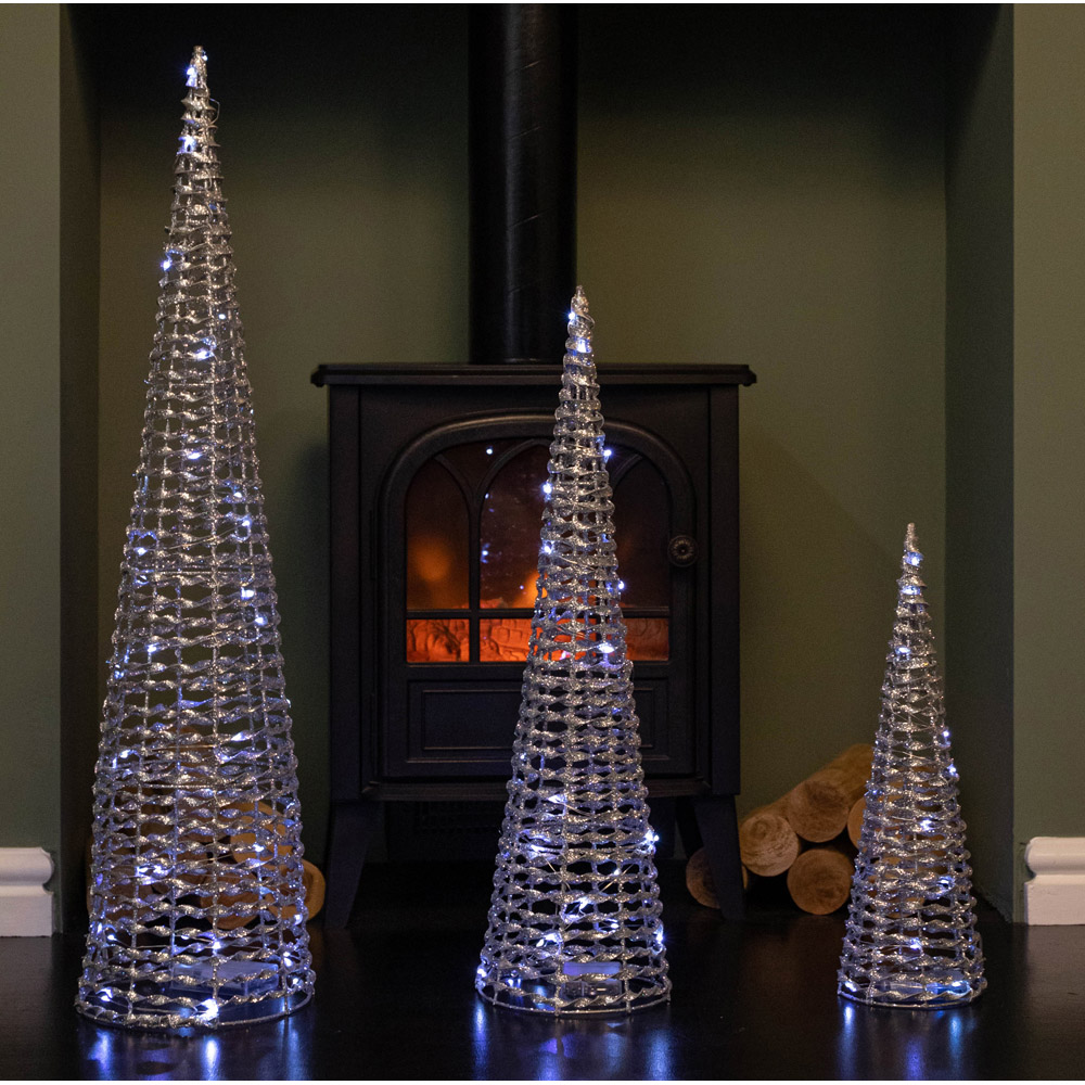 Samuel Alexander Cool White LED Pre Lit Silver Glitter Twist Cone Christmas Tree Set of 3