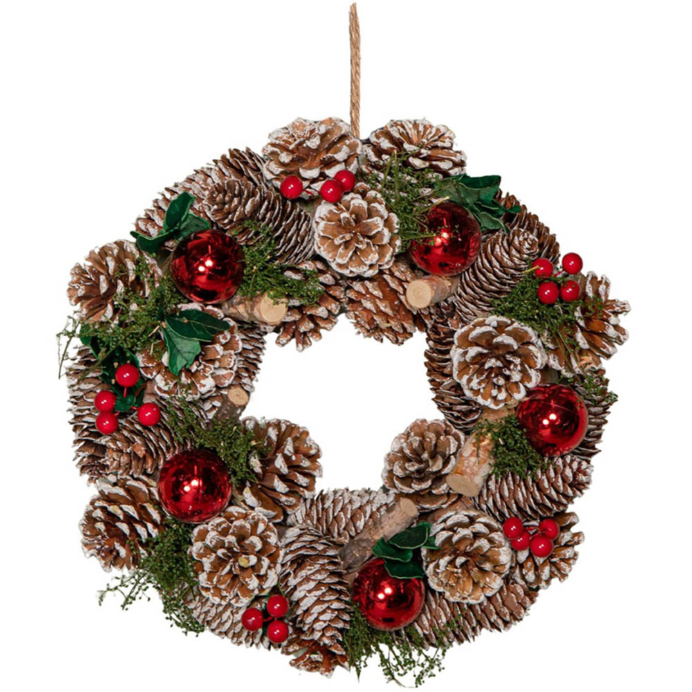 Samuel Alexander YuleFest Christmas Wreath with Baubles and Snow Tipped Pine Cones 30cm