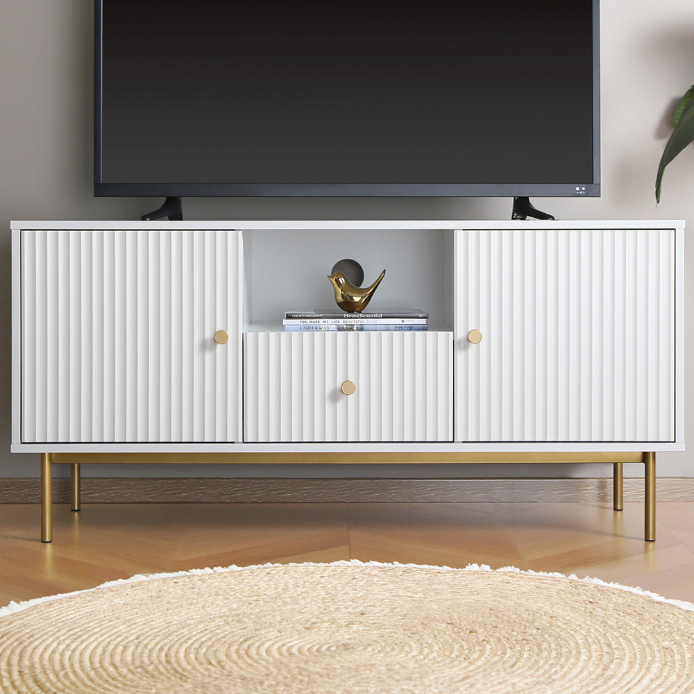 Devon 2 Door Single Drawer White TV Unit - MDF & Metal - Home Garden Direct