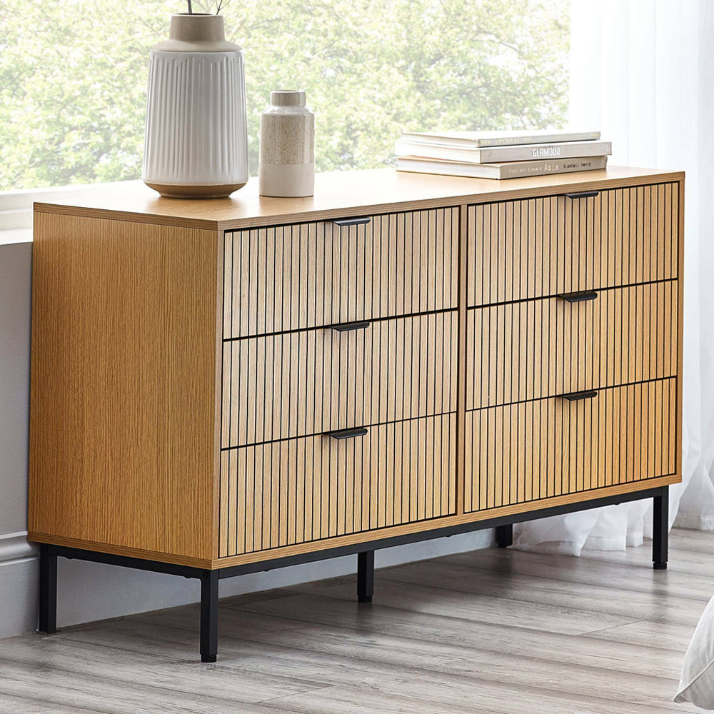 Julian Bowen Sia 6 Drawer Chest - Brown Wood Storage - Slatted Effect Front - Metal Legs