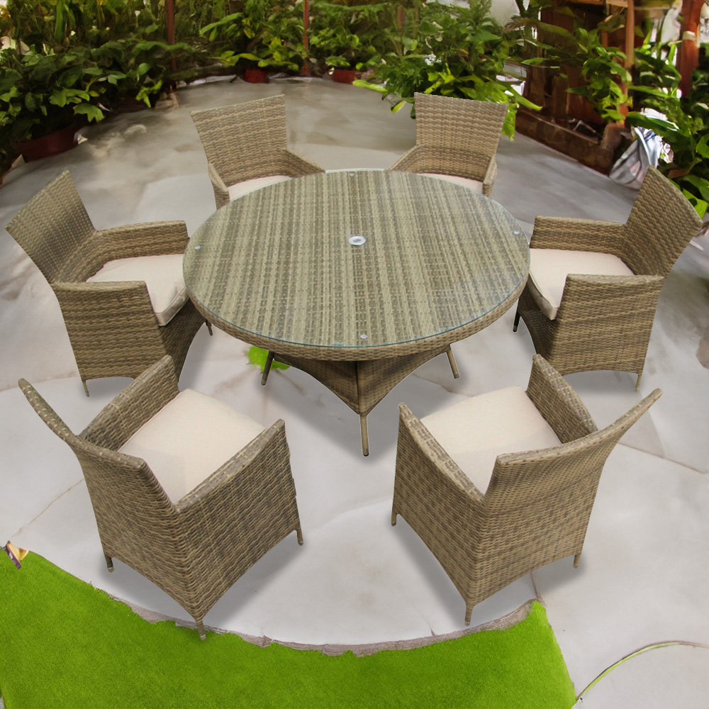 Furniture One 6 Seater Natural Rattan Garden Dining Set with Cushion