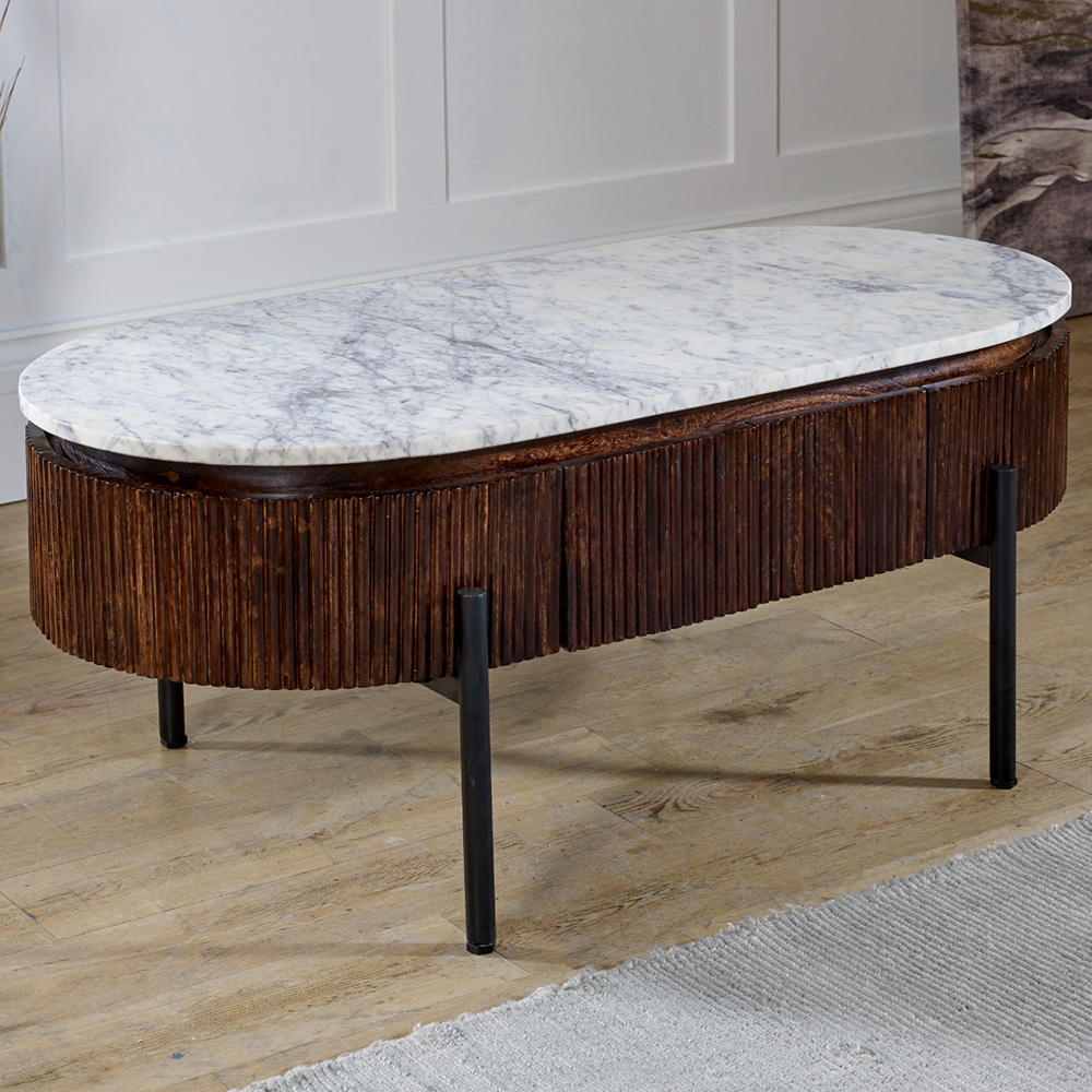 Brooklyn Brown Opal Drawer Marble Top Mango Wood Oval Rectangular Fluted Coffee Table Size 2