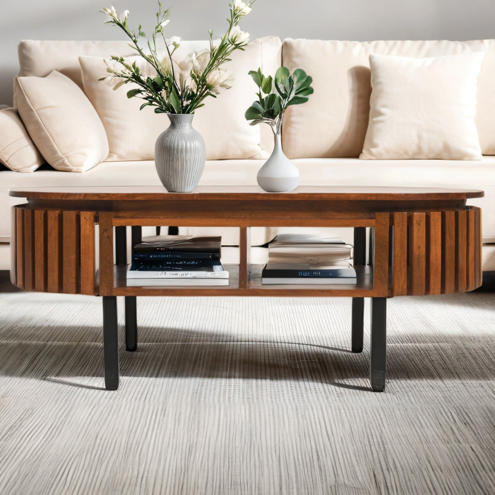 Brooklyn Brown Slatted Shelf Mango Wood Rectangular Coffee Table Size 2