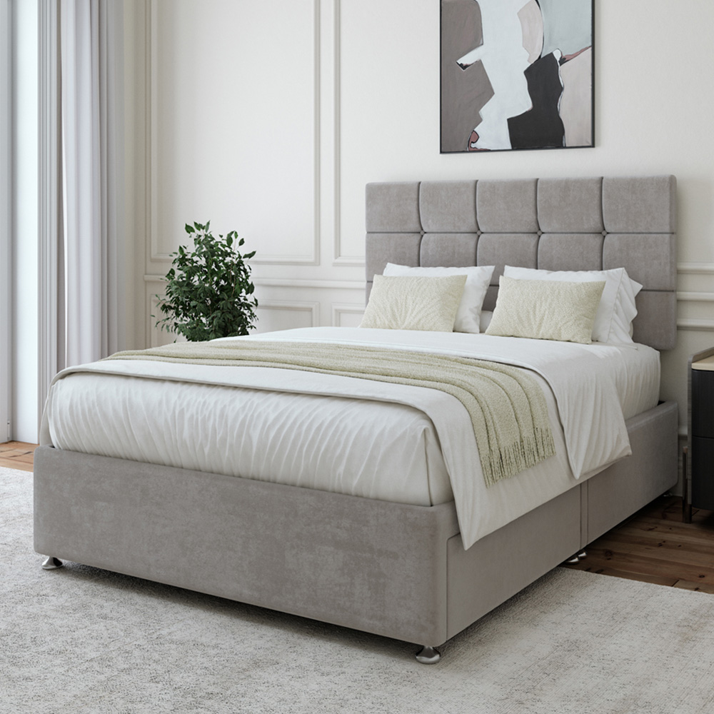 Bedmaster Single Divan Base - Grey Linen Naples - 2 Drawer - Pearl Headboard