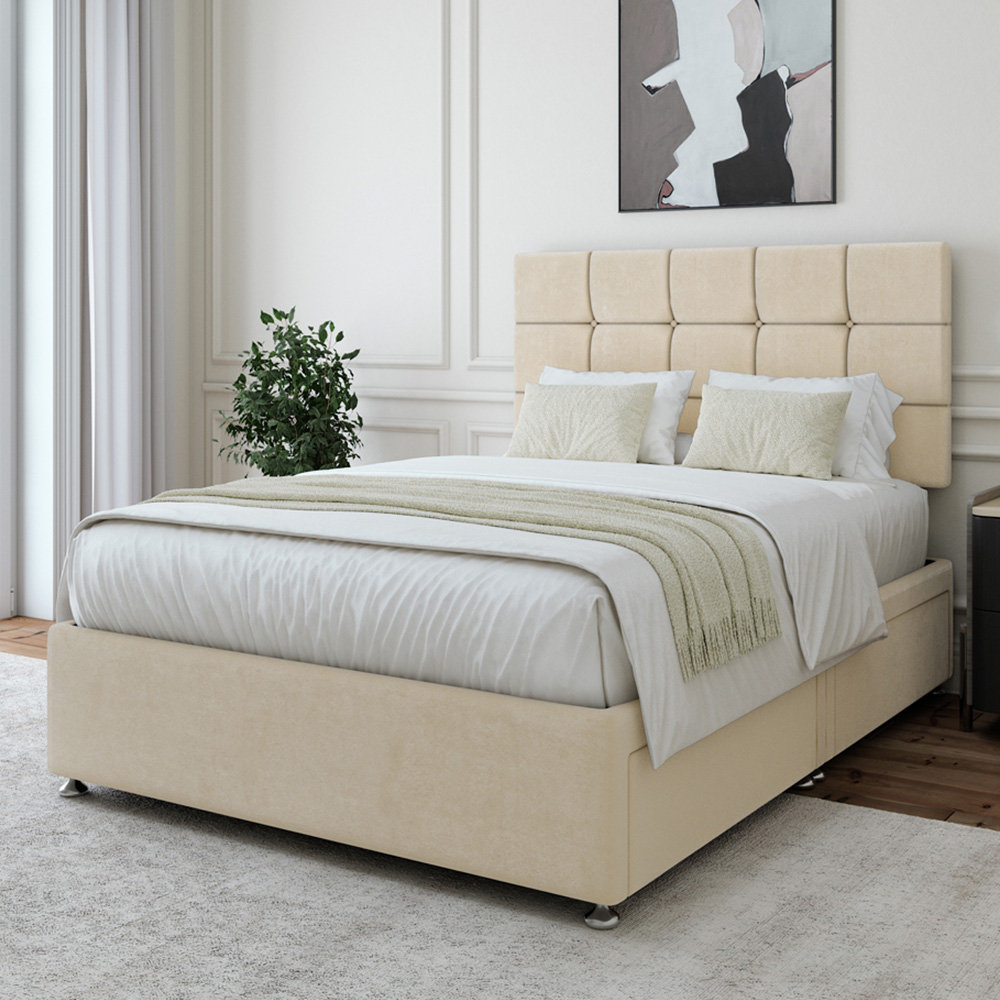 Bedmaster Super King Cream Velvet 4 Drawer Divan Base with Pearl Headboard