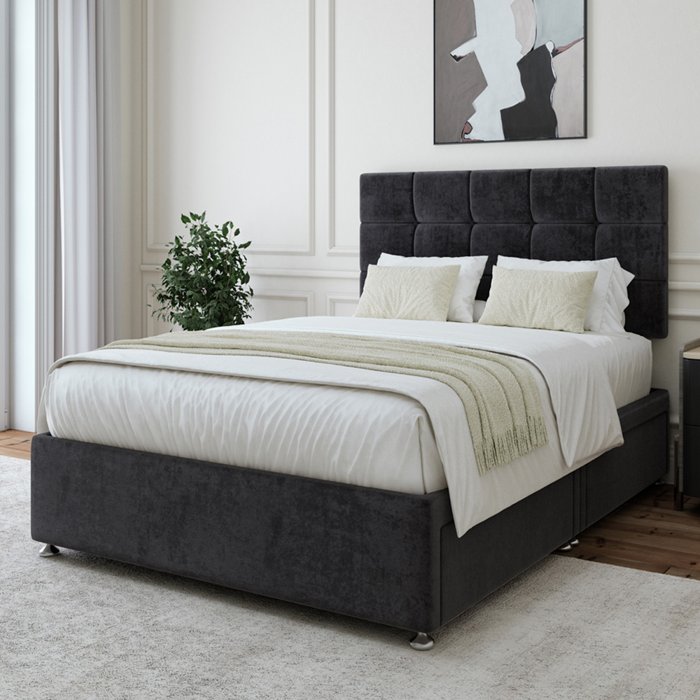 Bedmaster Small Double Black Naples Velvet Divan Base - 4 Drawers - Pearl Headboard