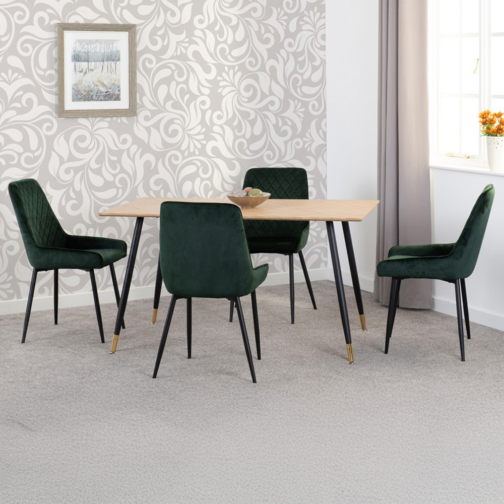 Seconique Hamilton Avery Oak Effect Velvet 4 Seater Dining Table Set Emerald Green