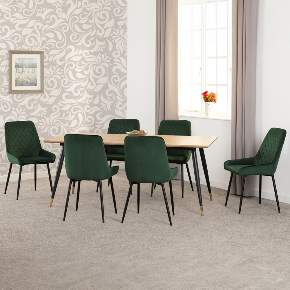 Seconique Hamilton Avery Oak Effect Velvet 6 Seater Dining Table Set Emerald Green