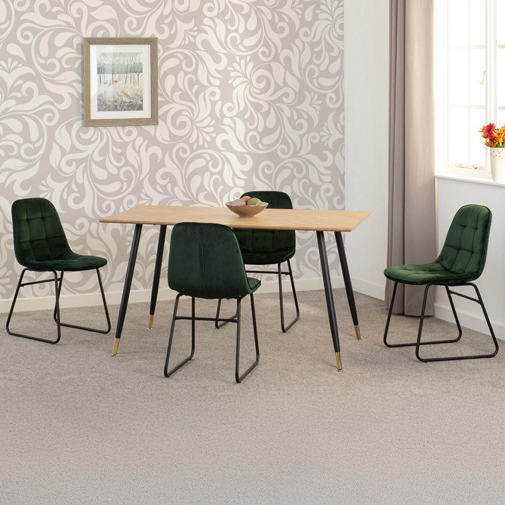 Seconique Hamilton Lukas Oak Effect Velvet 4 Seater Dining Table Set Emerald Green
