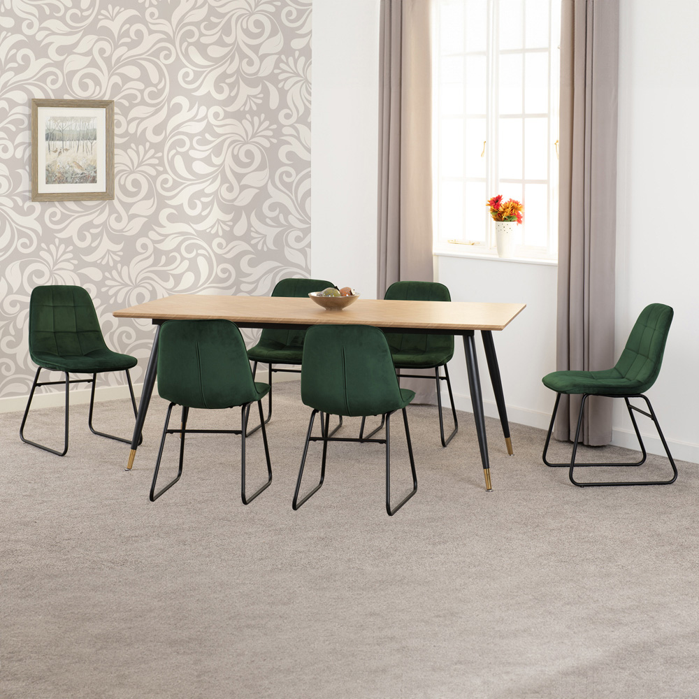 Seconique Hamilton Lukas Oak Effect Velvet 6 Seater Dining Table Set Emerald Green