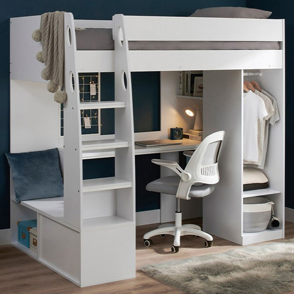 Flair White Harry Single High Sleeper Bed With Desk Wardrobe And Storage