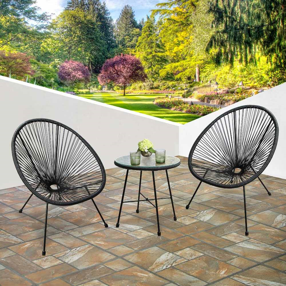 3pcs Bistro Egg Designer String Chair Indoor & Garden Set - Black