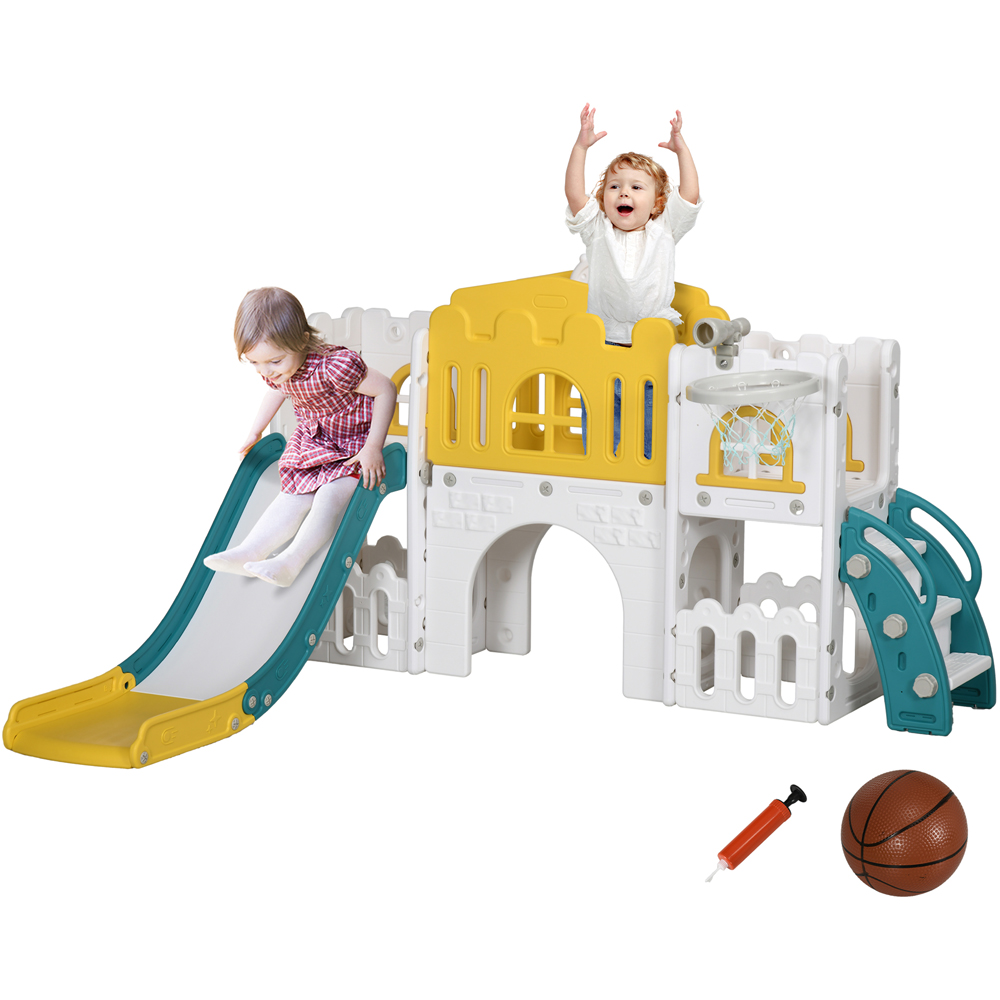 Tommy Toys 7 in 1 Yellow Kids Slide with Basketball Hoop