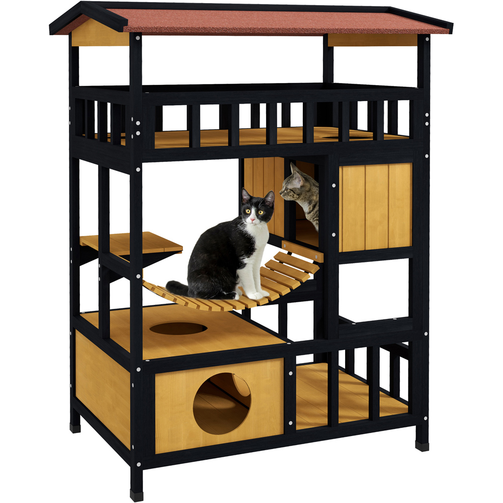 Pawhut Yellow Outdoor Cat House With Suspension Bridge And Balcony