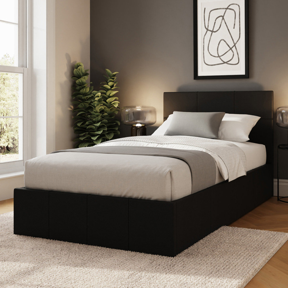GFW Single Black Faux Leather End Lift Ottoman Bed with Bonnell Mattress