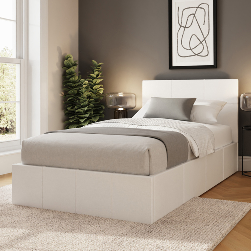 GFW Single White Faux Leather End Lift Ottoman Bed with Bonnell Mattress