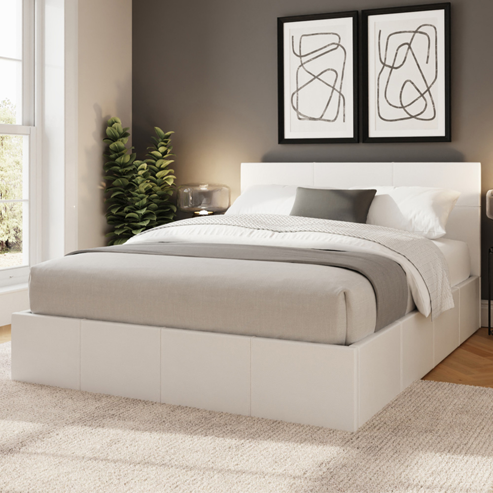 GFW Small Double White Faux Leather Side Lift Ottoman Bed with Bonnell Mattress