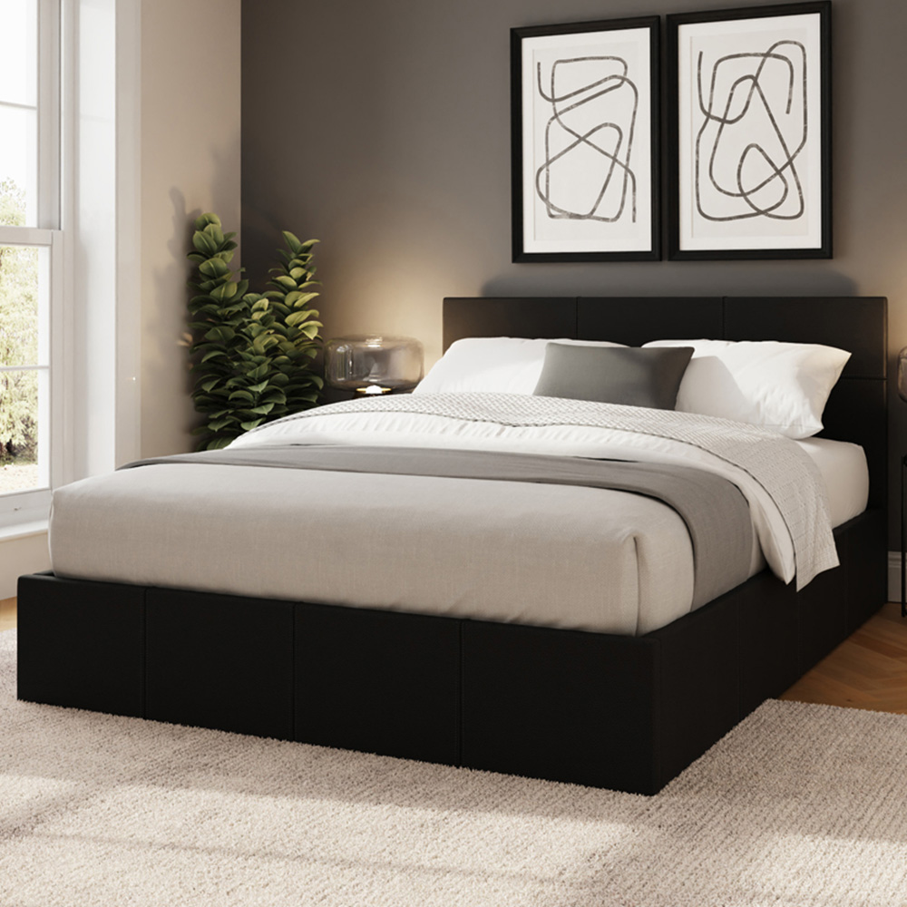 GFW Double Black Faux Leather Side Lift Ottoman Bed with Bonnell Mattress