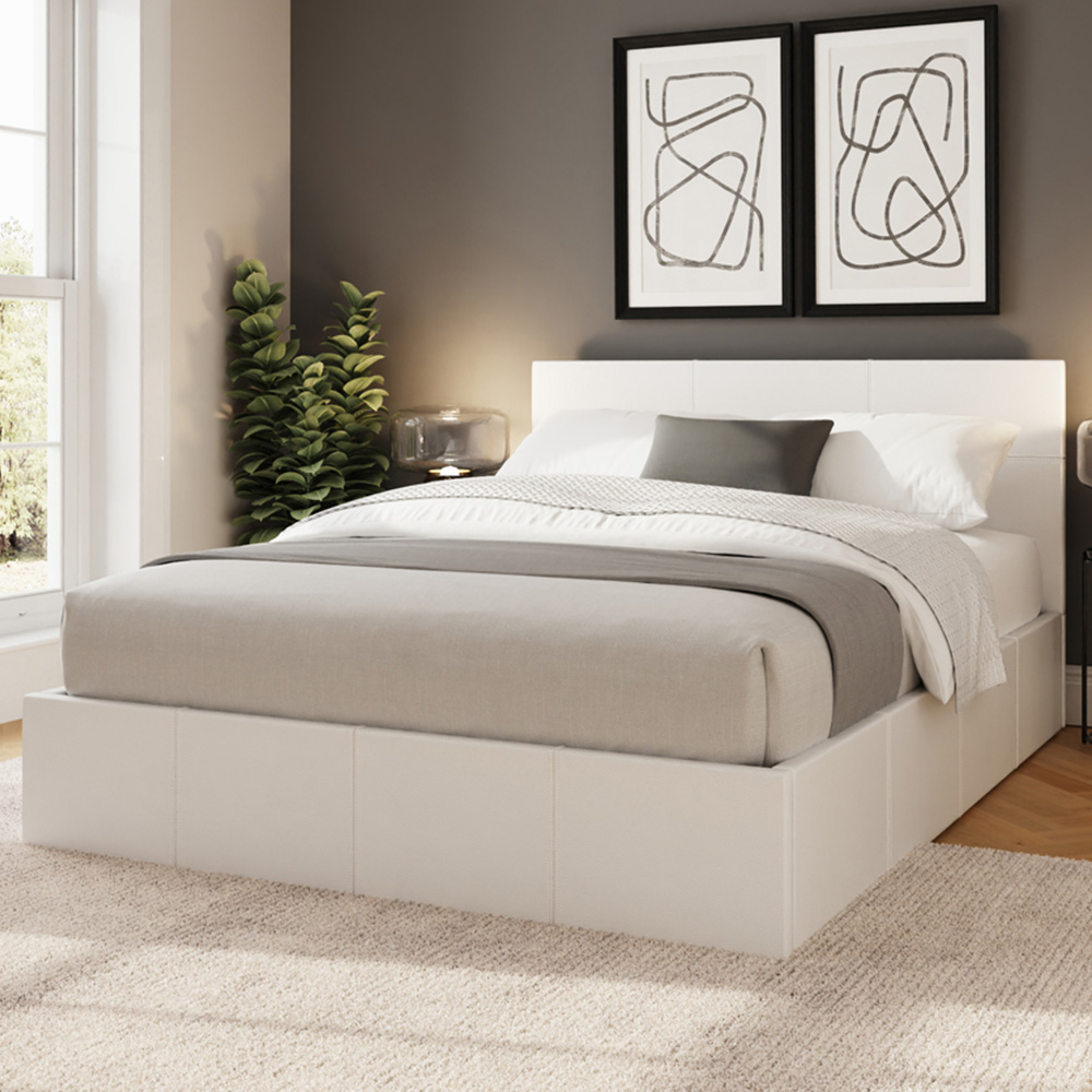 GFW Double White Faux Leather Side Lift Ottoman Bed with Bonnell Mattress