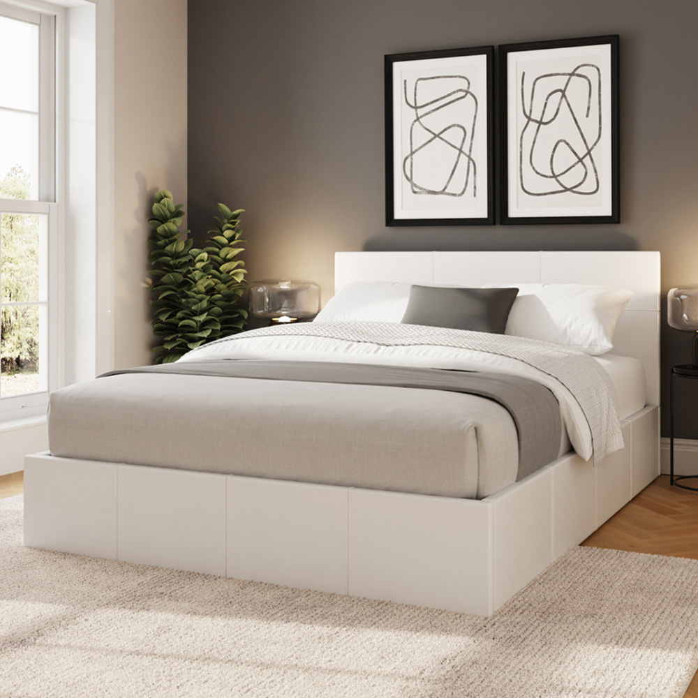 GFW King Size White Faux Leather Side Lift Ottoman Bed with Bonnell Mattress