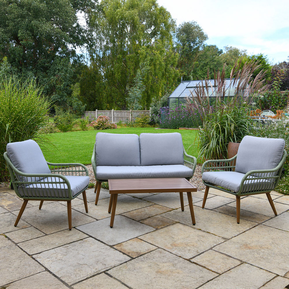 Garden Gear 4 Seater Aluminium Sage Green Rope Furniture Set with Cushions