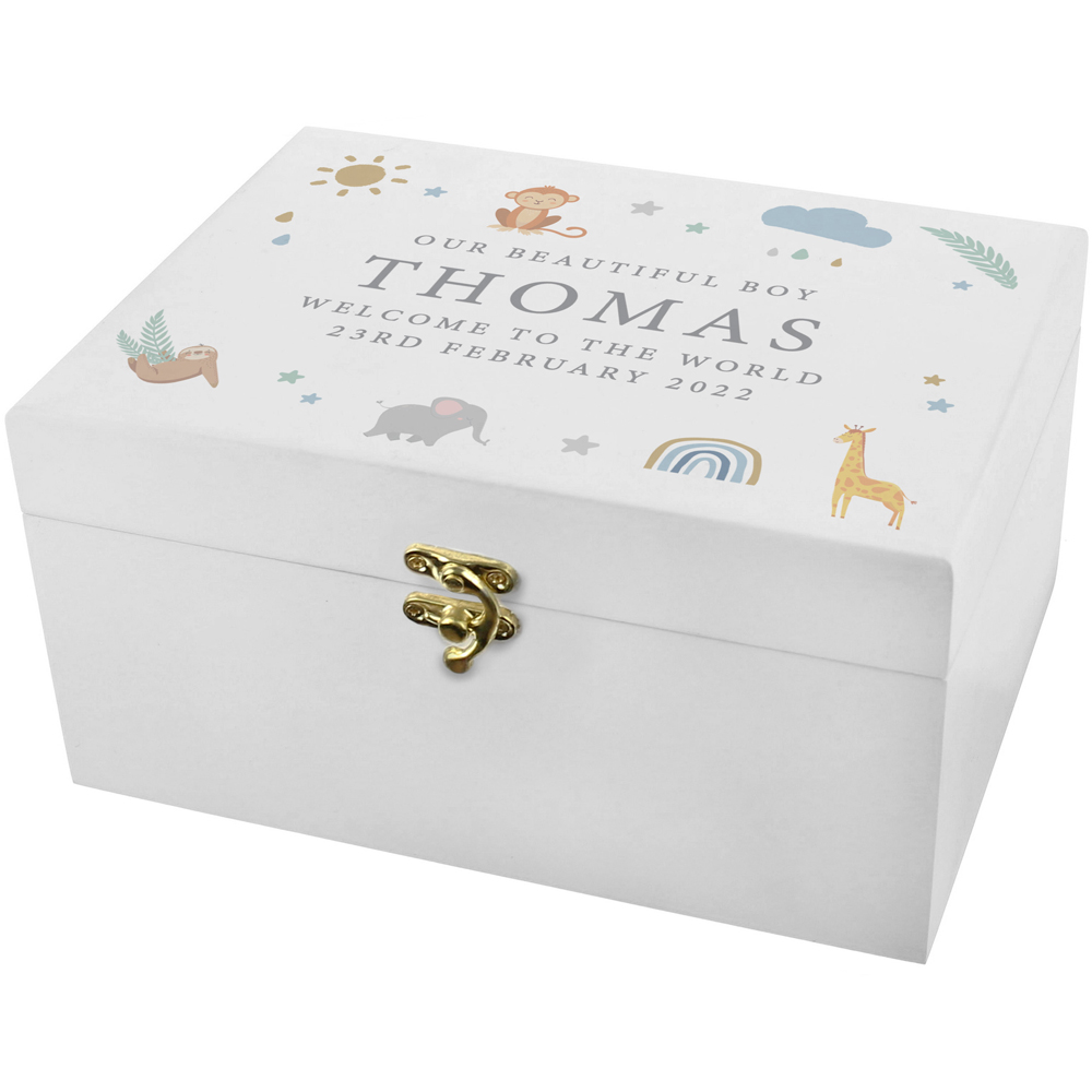 Personalised Memento White Personalised Safari Animals Wooden Keepsake Box