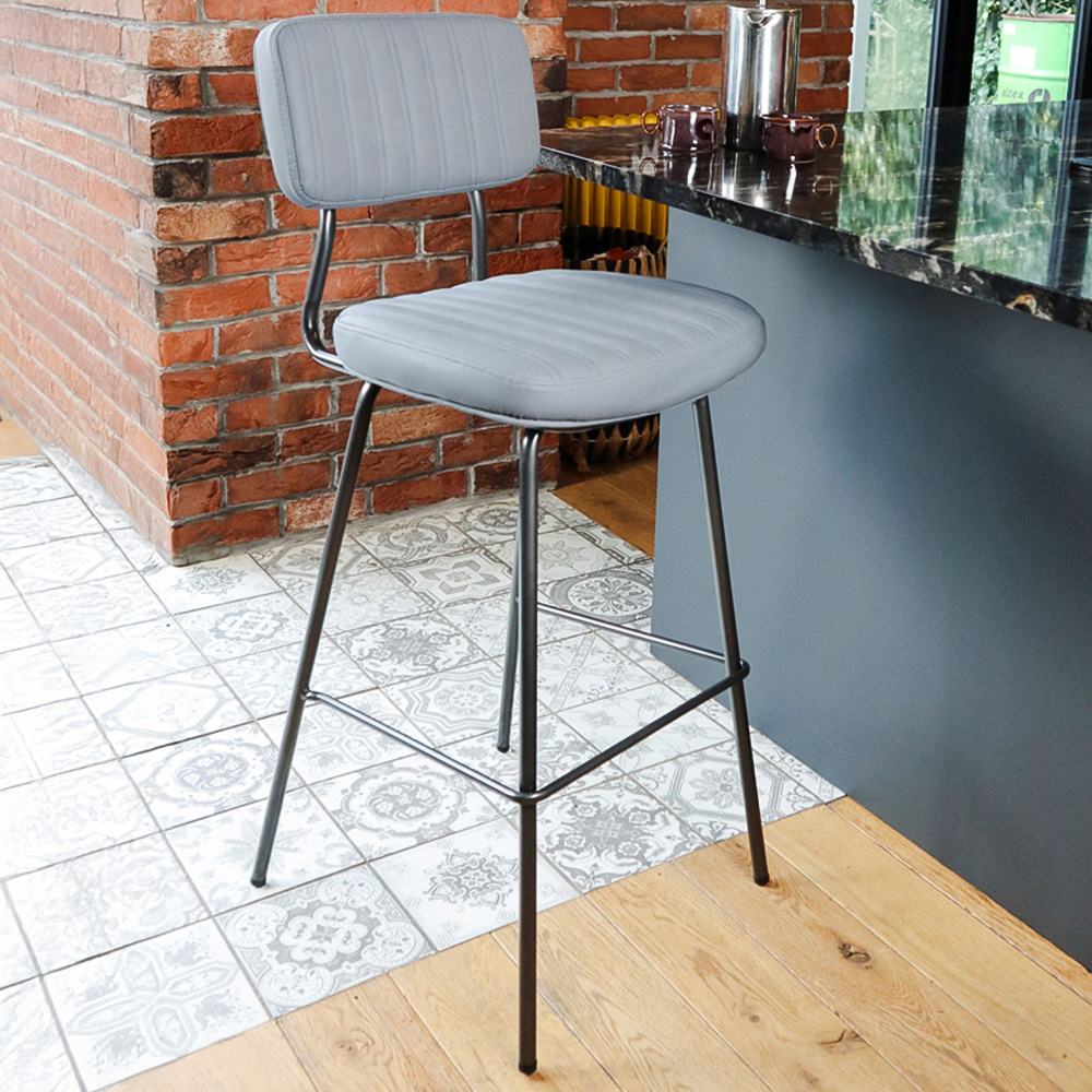 MMT Furniture Designs Grey PU Leather Steel Frame Retro Industrial Style Bar Stool Set of 2