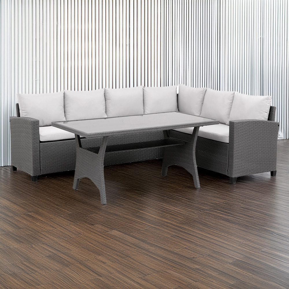 MMT Furniture Designs 6 Seater Grey Rattan L Shaped Garden Sofa Dining Set