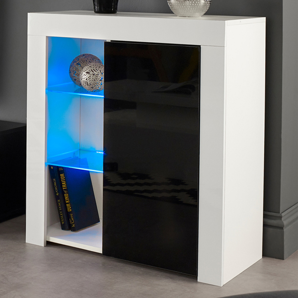 MMT Furniture Designs Single Door 3 Shelf Matt Gloss White and Black Modern Sideboard with LED