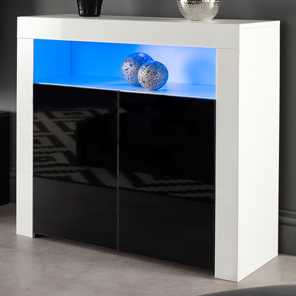 MMT Furniture Designs 2 Door Single Shelf Matt Gloss White and Black Modern Buffet Cabinet with LED