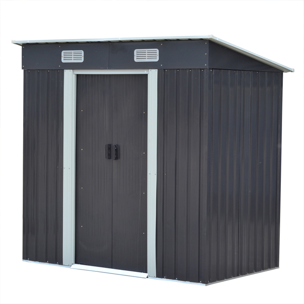Living and Home 6 x 4ft Black Outdoor Flat Roof Double Sliding Door Metal Tool and Storage Shed