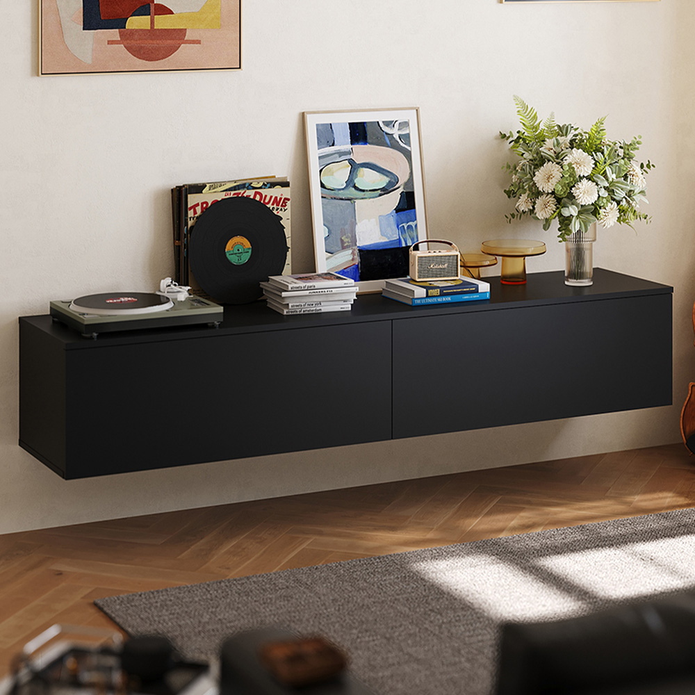 Living and Home 2 Door Black Wall Mounted Floating TV Unit