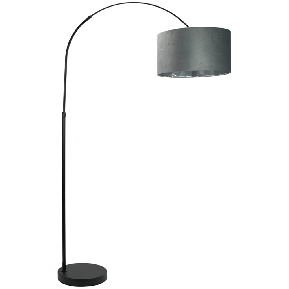 ValueLights Louis Black Arched LED Floor Lamp with Grey and Chrome Velvet Drum Lamp Shade