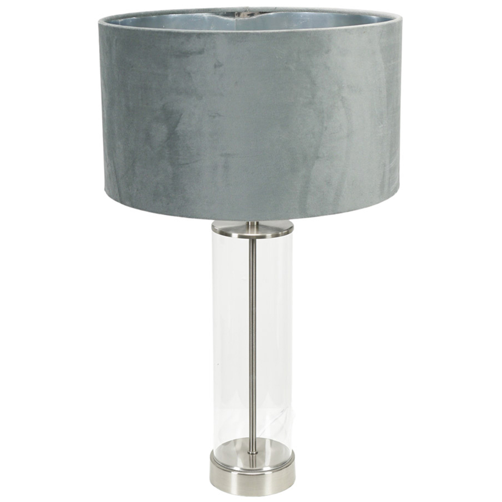 Valuelights White Balan Chrome Glass Led Table Lamp With Grey And Chrome Velvet Lamp Shade 56Cm