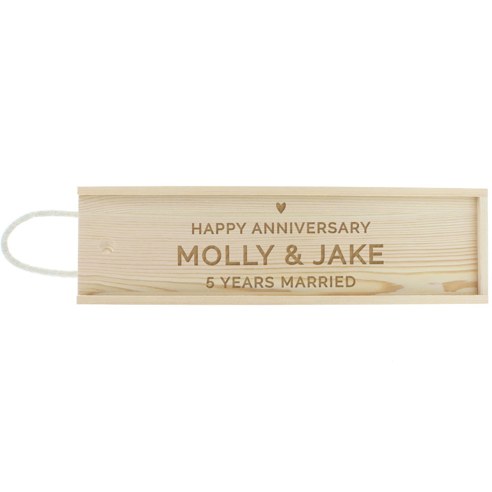 Personalised Memento Wooden Wine Bottle Box - Love Heart Design - Custom Text Engraved - Wood - Gift for Occasions