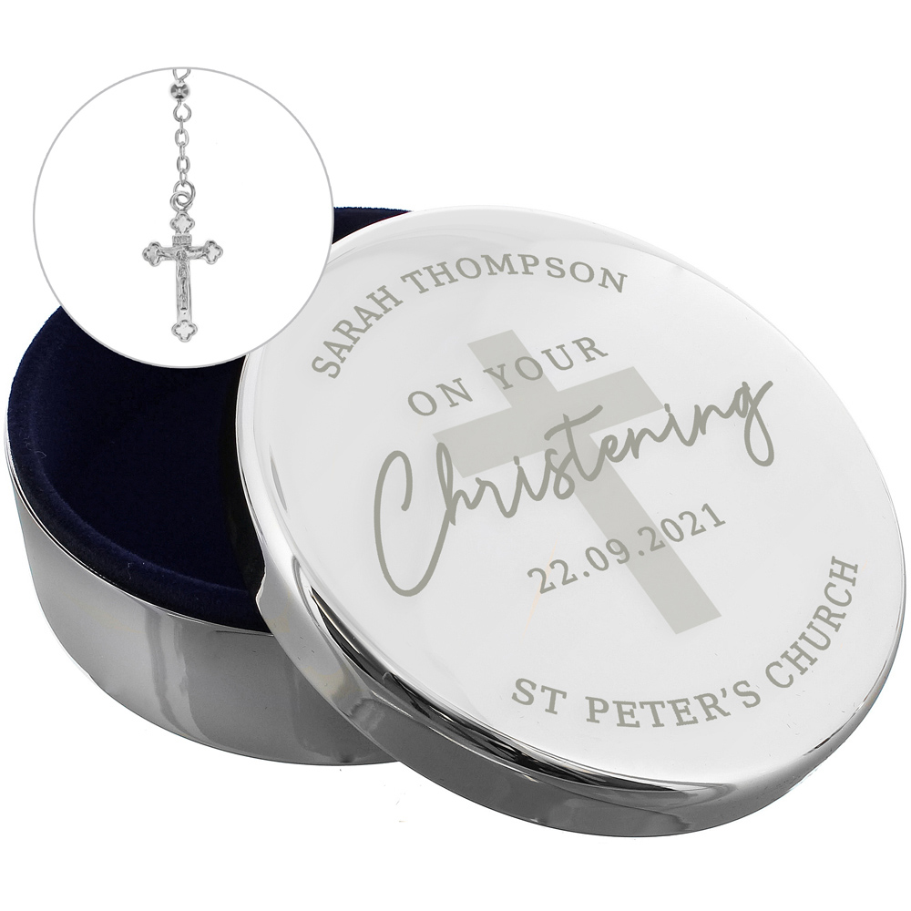 Personalised Memento Christening Round Trinket Box with Rosary Beads - Silver