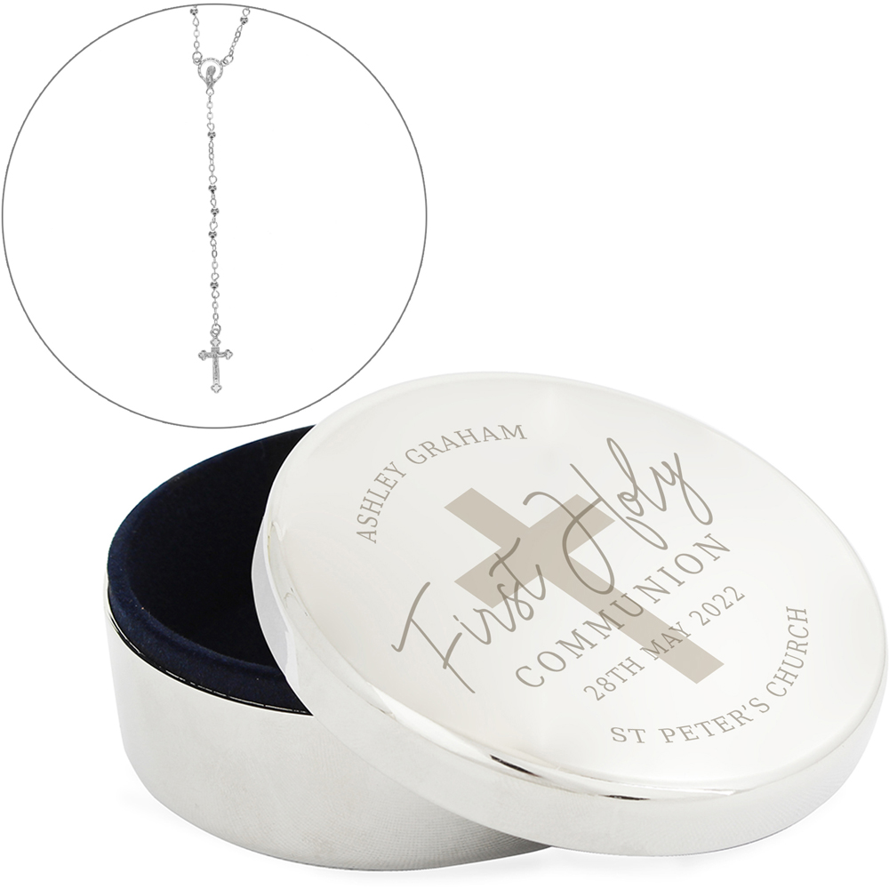 Personalised First Holy Communion Round Trinket Box and Rosary Beads Set - Silver