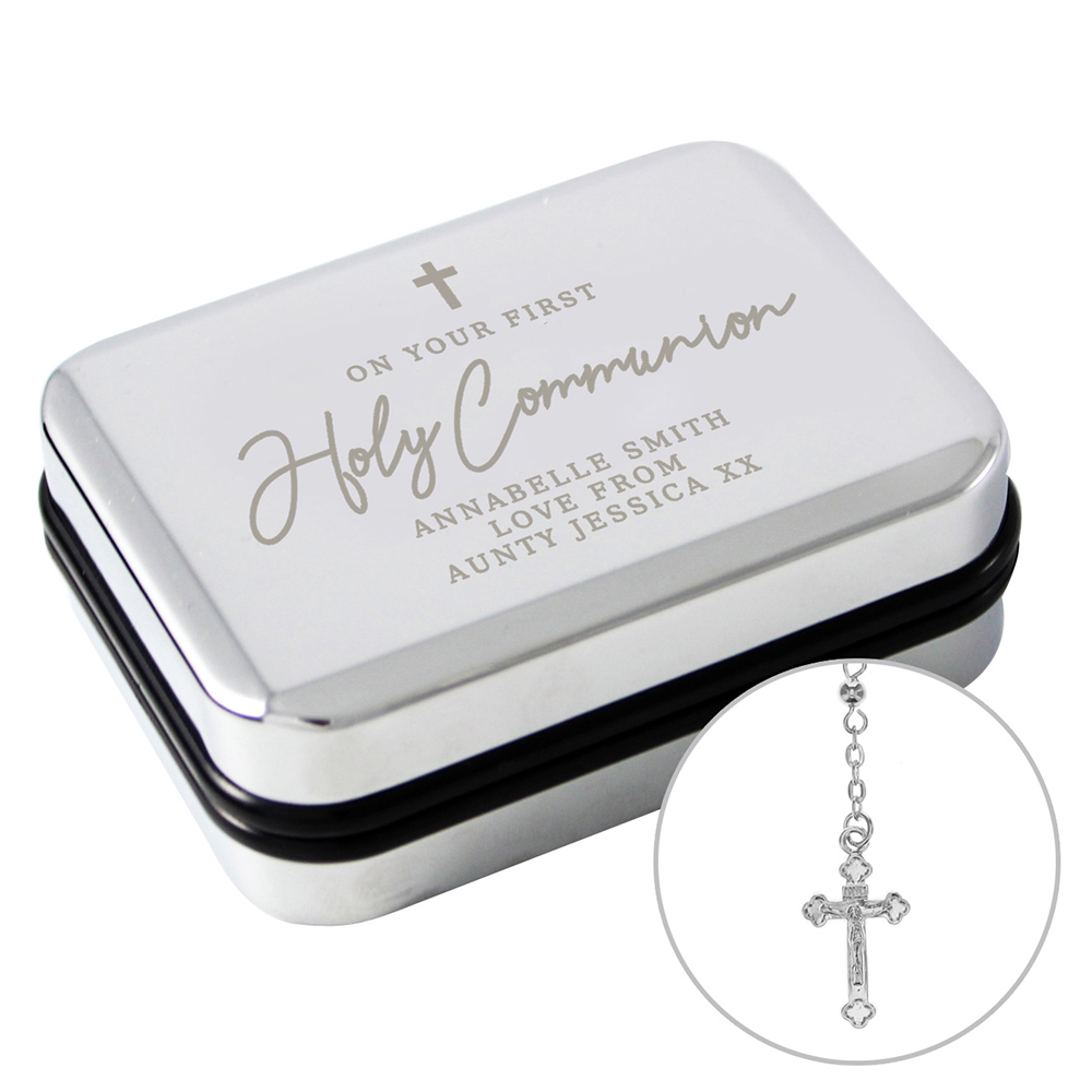 Personalised Holy Communion Rosary Beads Trinket Box - Silver - Nickel Plated