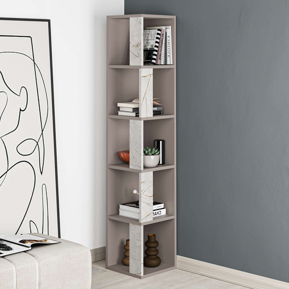 Decortie Piano Mocha Grey and Gold Marble Effect Tall Corner Bookcase