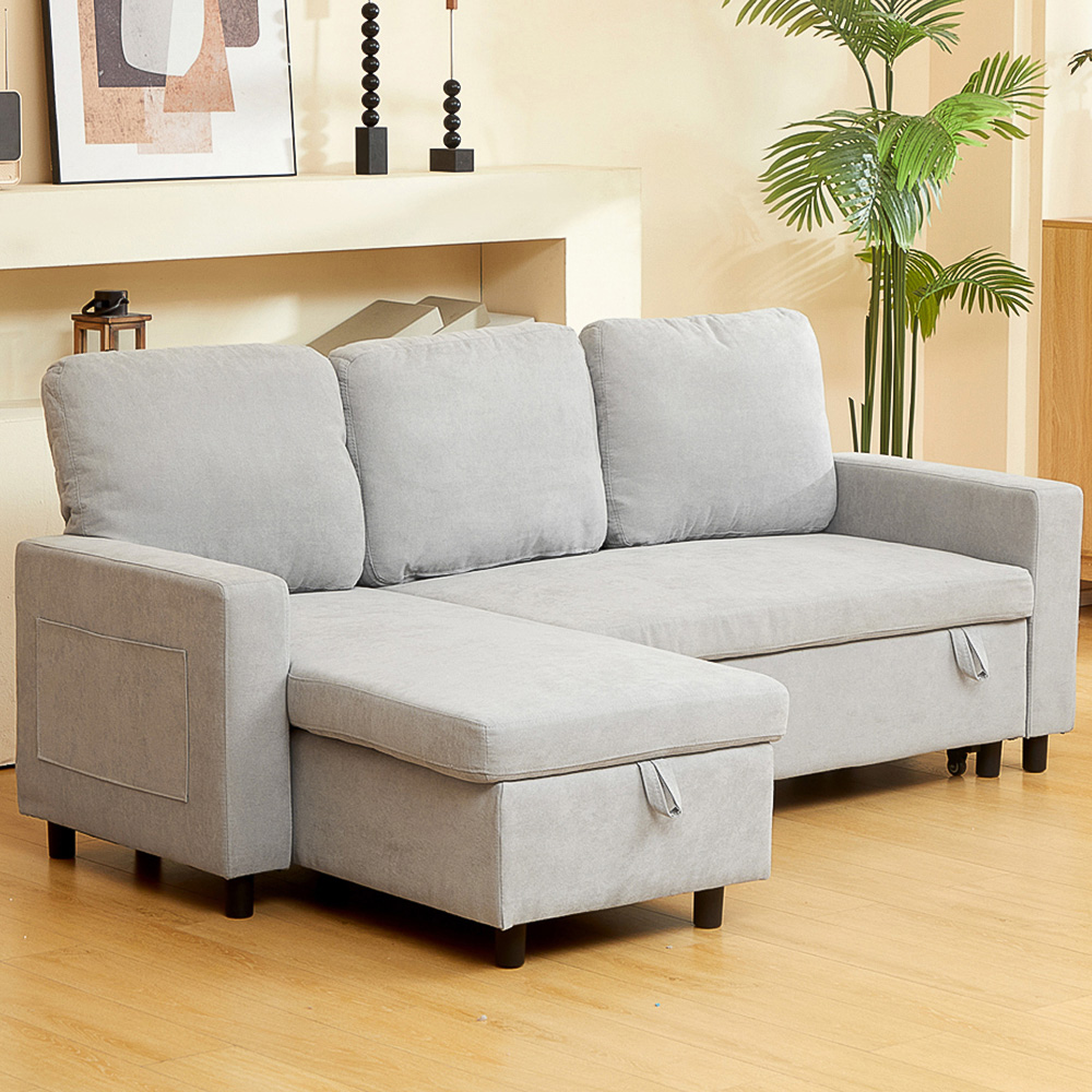 HOMCOM 3 Seater Light Grey L Shaped Convertible Pull Out Corner Sofa Bed with Storage