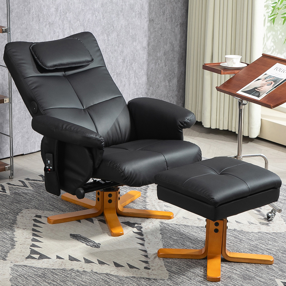 HOMCOM Black Upholstered Massage Swivel Recliner Armchair with Footstool